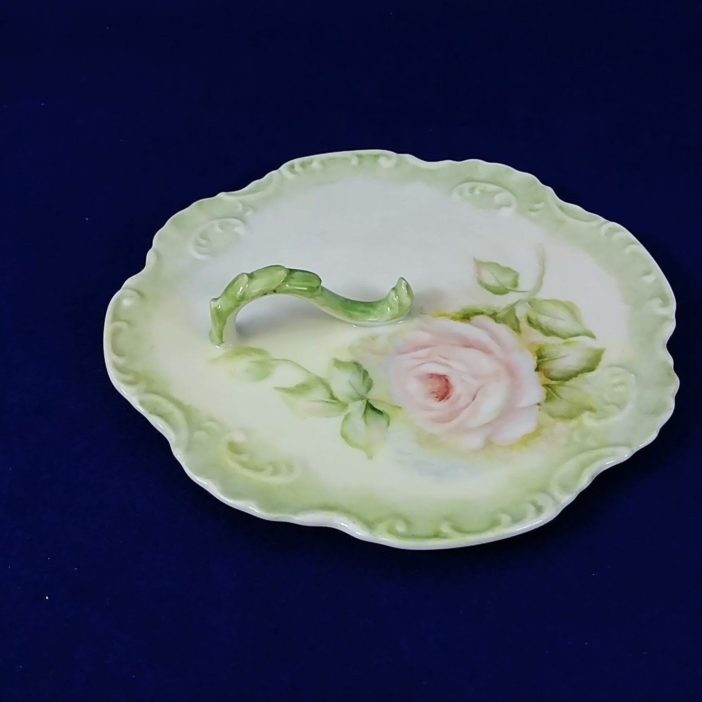 Dish with Finger Loop Lemon Server Bonbon Dish Hand Painted Floral Signed Dated