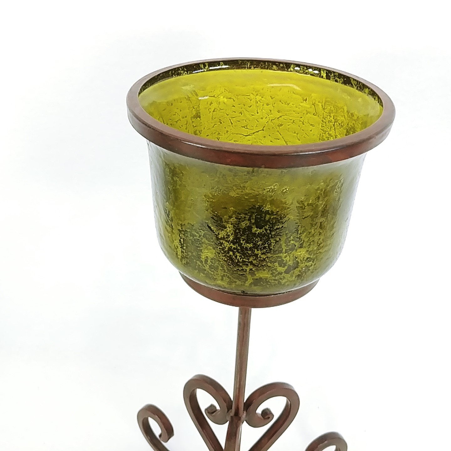 Candle Holder Heavy Scroll Steel Stand Green Crackle Glass Wind Shade 17"