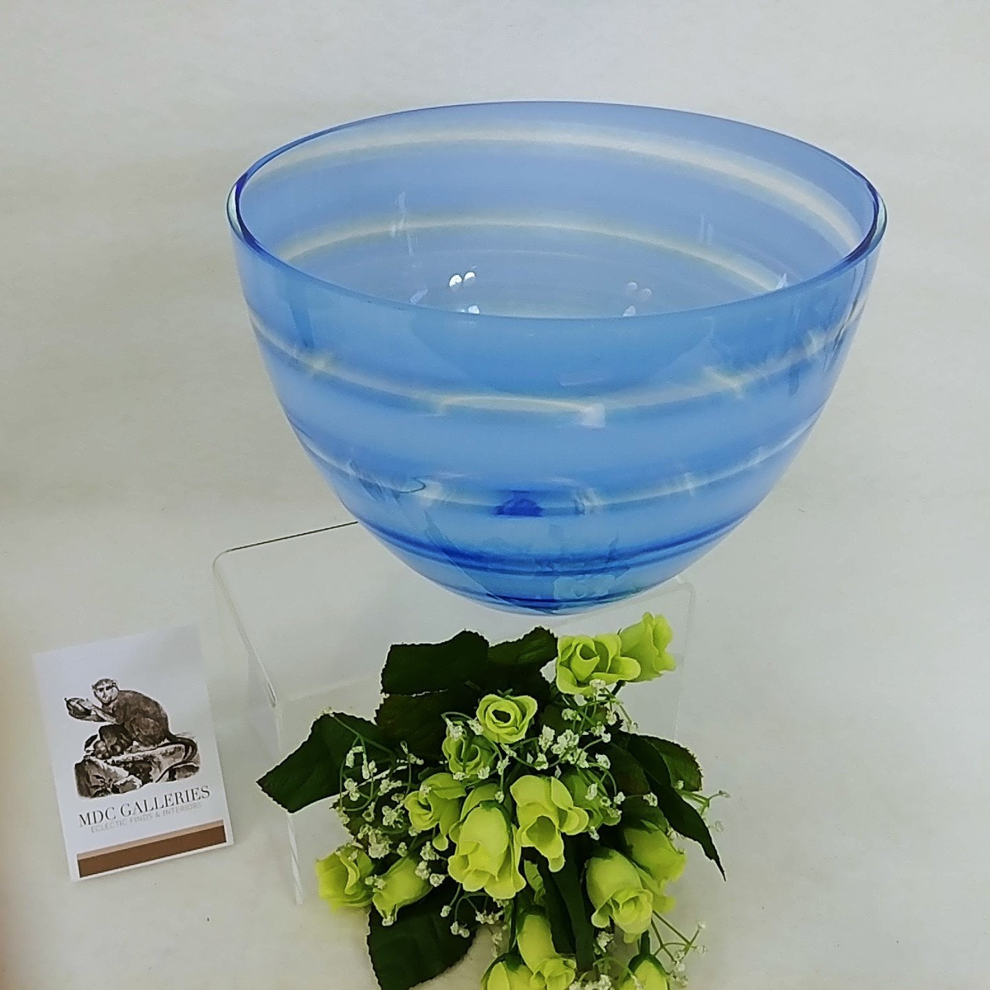 Bowl Clear Glass Frosted Blue Swirls Serving Bowl Home Decor