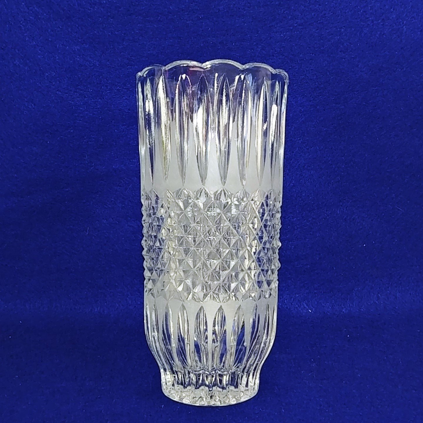 Vase Pressed Glass Diamond Cut Frosted Ridge Pattern Scalloped Rim 8.25" Tall