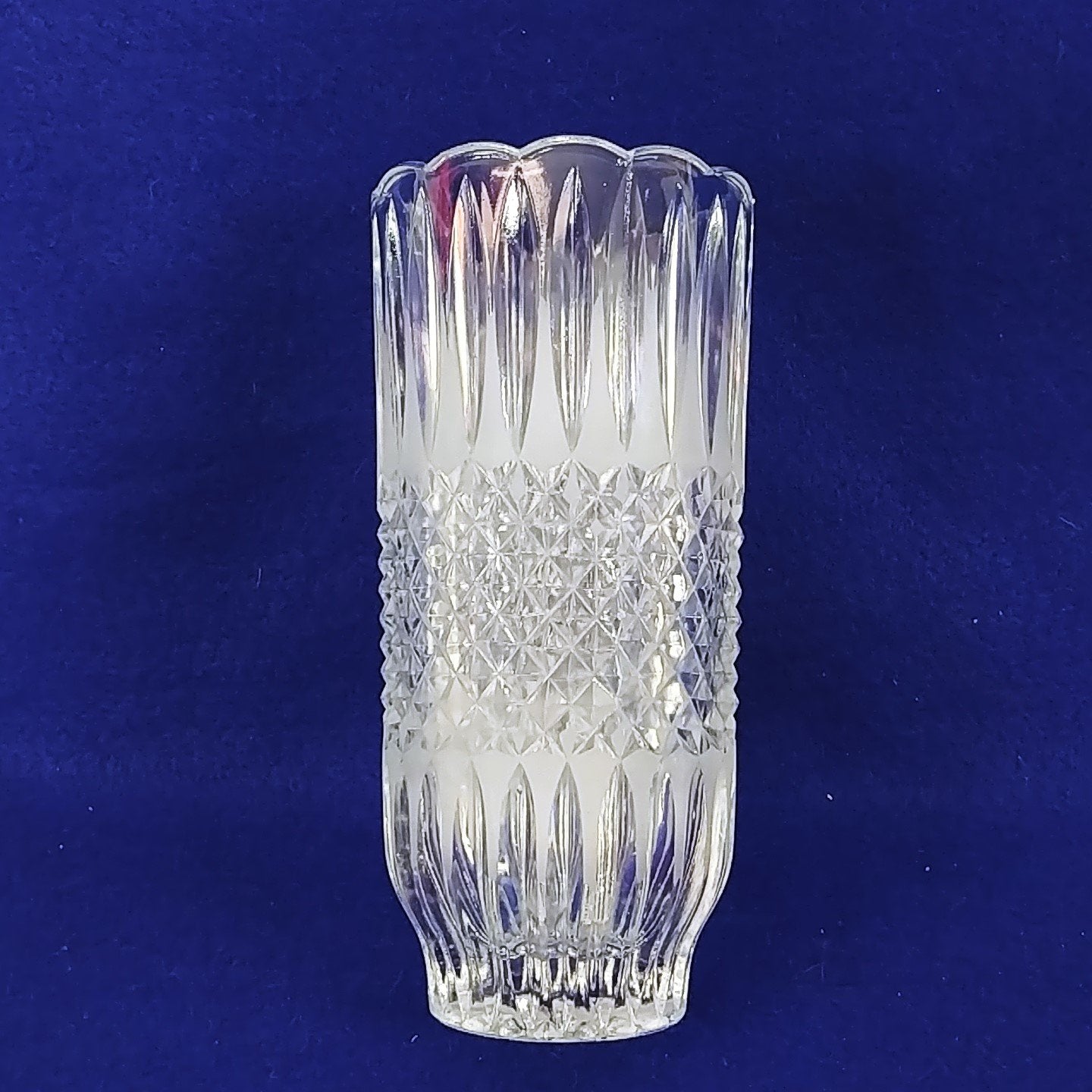 Vase Pressed Glass Diamond Cut Frosted Ridge Pattern Scalloped Rim 8.25" Tall