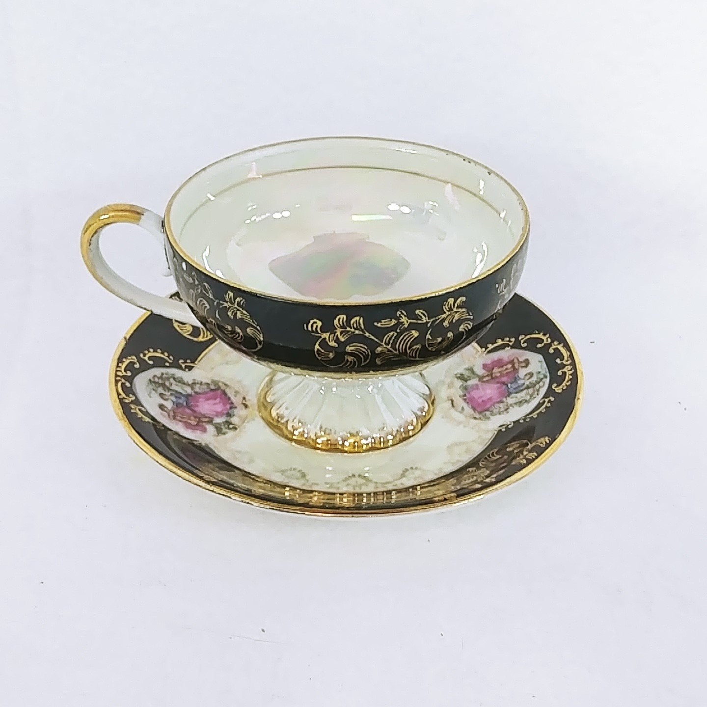 Royal Crown Footed Teacup Saucer Victorian Courting Couple Vintage #2852