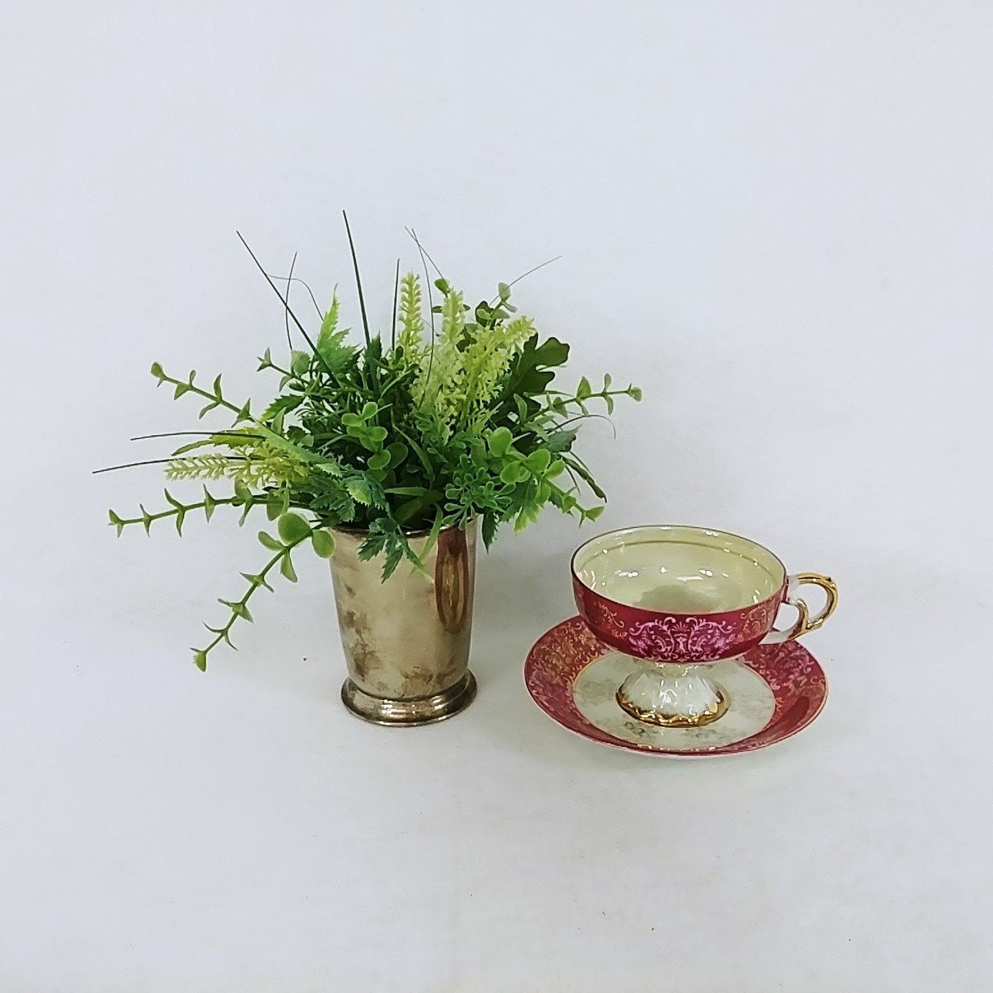 Teacup Saucer Royal Crown #905 Pink Gold Pearlized Iridescent Vintage