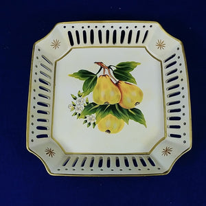 Decorative Plate Hand Painted Ceramic Cherries Pears Open Lattice Rims Set of 2