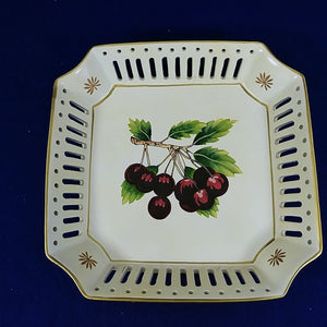Decorative Plate Hand Painted Ceramic Cherries Pears Open Lattice Rims Set of 2