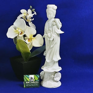 Asian Figurine Blanc de Chine Female with Roses Vase Original Decal Japan
