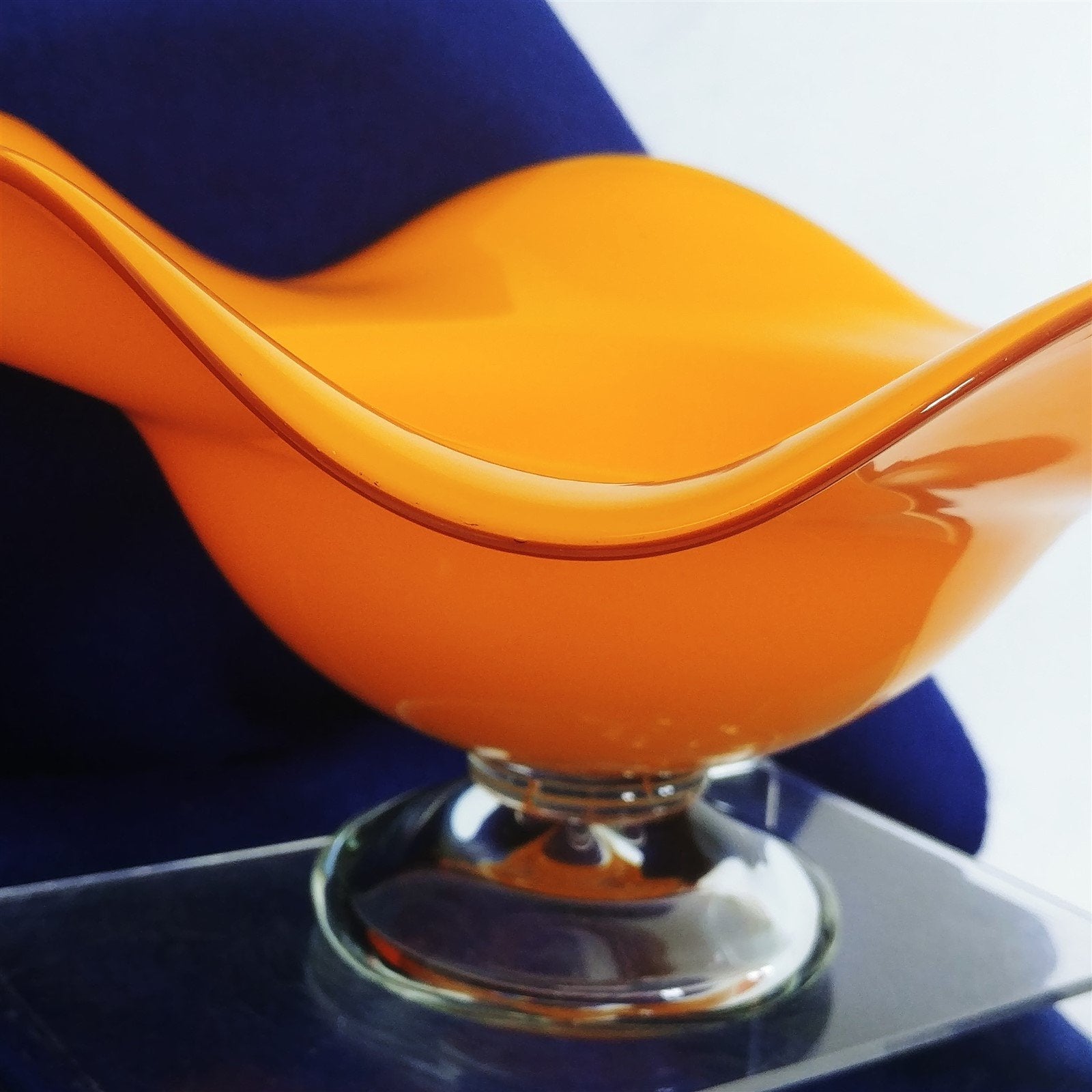 Compote Bowl Hand Blown Art Glass Orange Clear Pedestal Vintage Home Decor