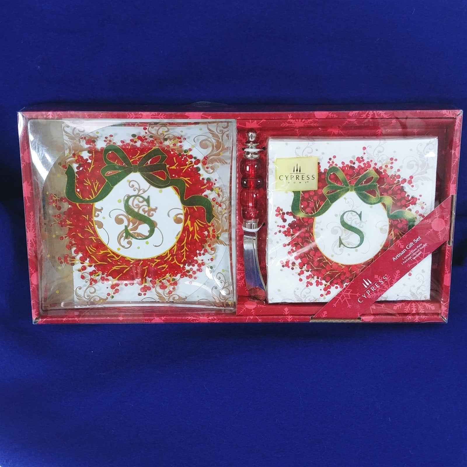 Monogram S Glass Plate Spreader Cocktail Napkins Christmas Hostess Gift Set