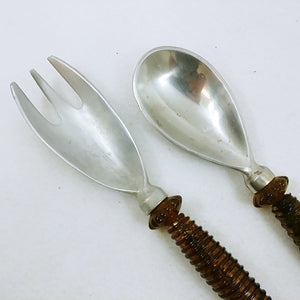 Salad Fork Spoon Amber Plastic Handle Glitter Interior Aluminum Ends Retro Vtg