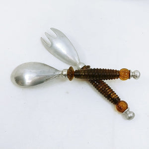 Salad Fork Spoon Amber Plastic Handle Glitter Interior Aluminum Ends Retro Vtg