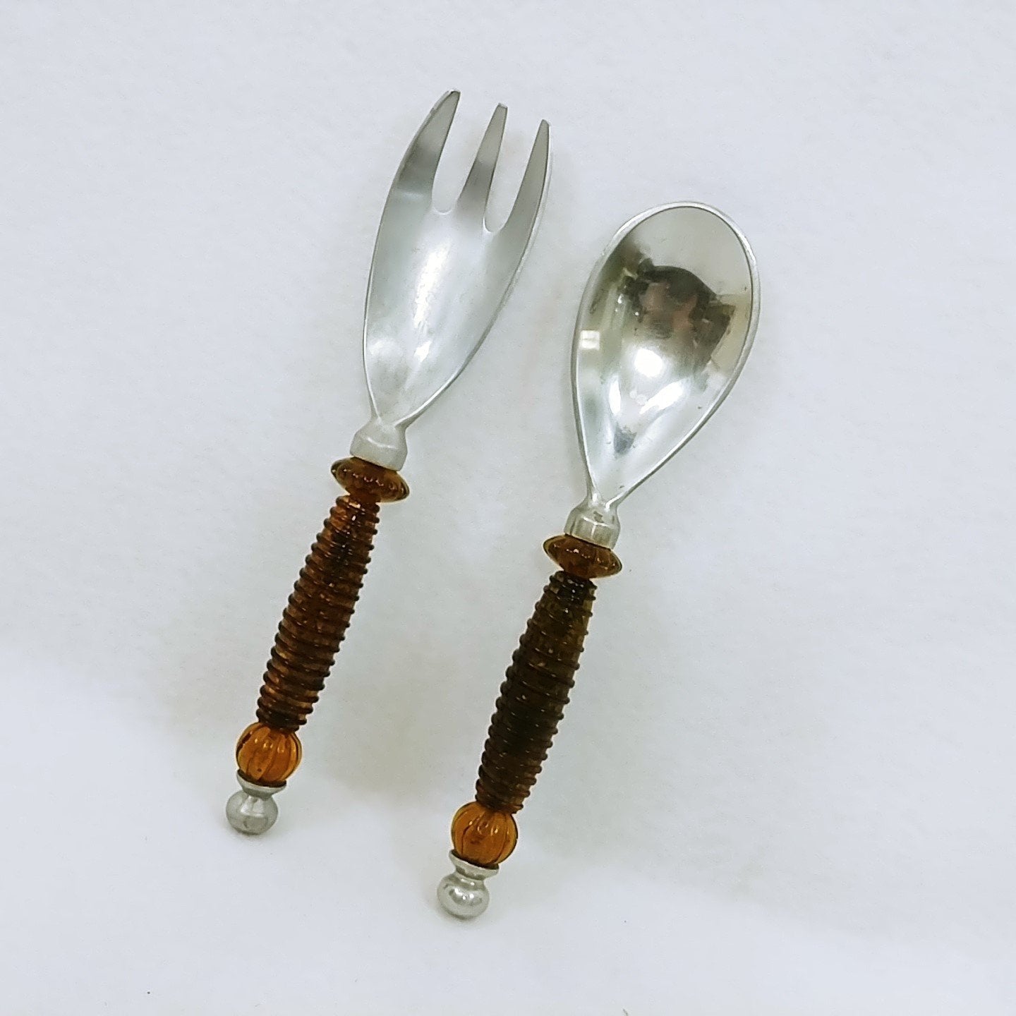 Salad Fork Spoon Amber Plastic Handle Glitter Interior Aluminum Ends Retro Vtg