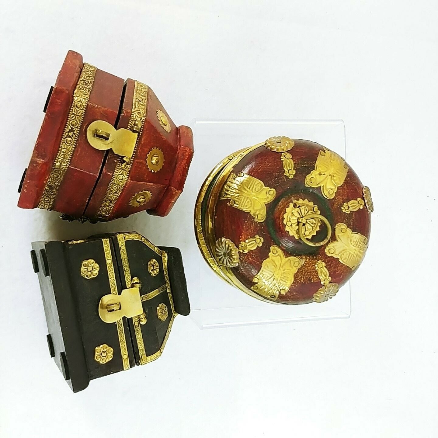 Trinket Boxes Wooden Hinged Lids Metal Trim Accent Red Lined Felt Pad Feet 3 pcs