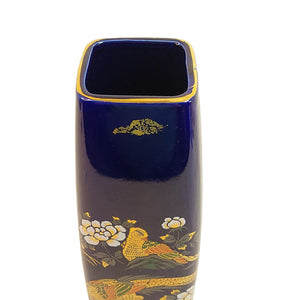 Vase 4 Sided Birds Floral Blue Cobalt Ceramic Asian Home Decor 9.75"