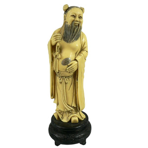 Figurine Chinese Male Robed Bearded Hand Carved Chop Marked Asian Markings 8.5"