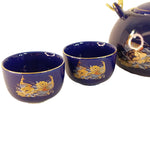 Load image into Gallery viewer, Asian Tea Set Teapot and 4 cups Cobalt Blue Ceramic Vintage Pheasants Floral
