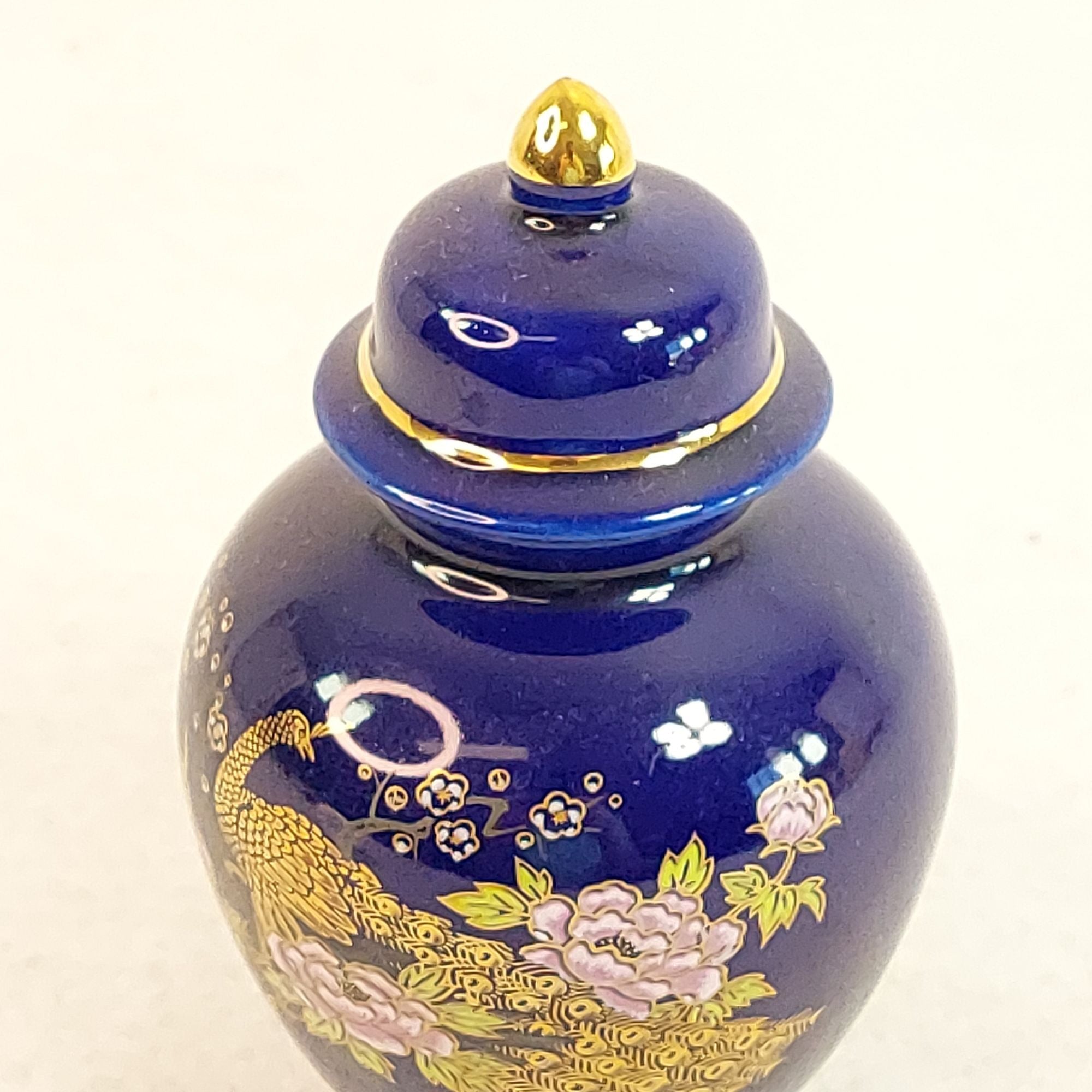 Ginger Jar Mini Cobalt Blue Peacock Peonies Japan Chopmark Vintage 4.5"