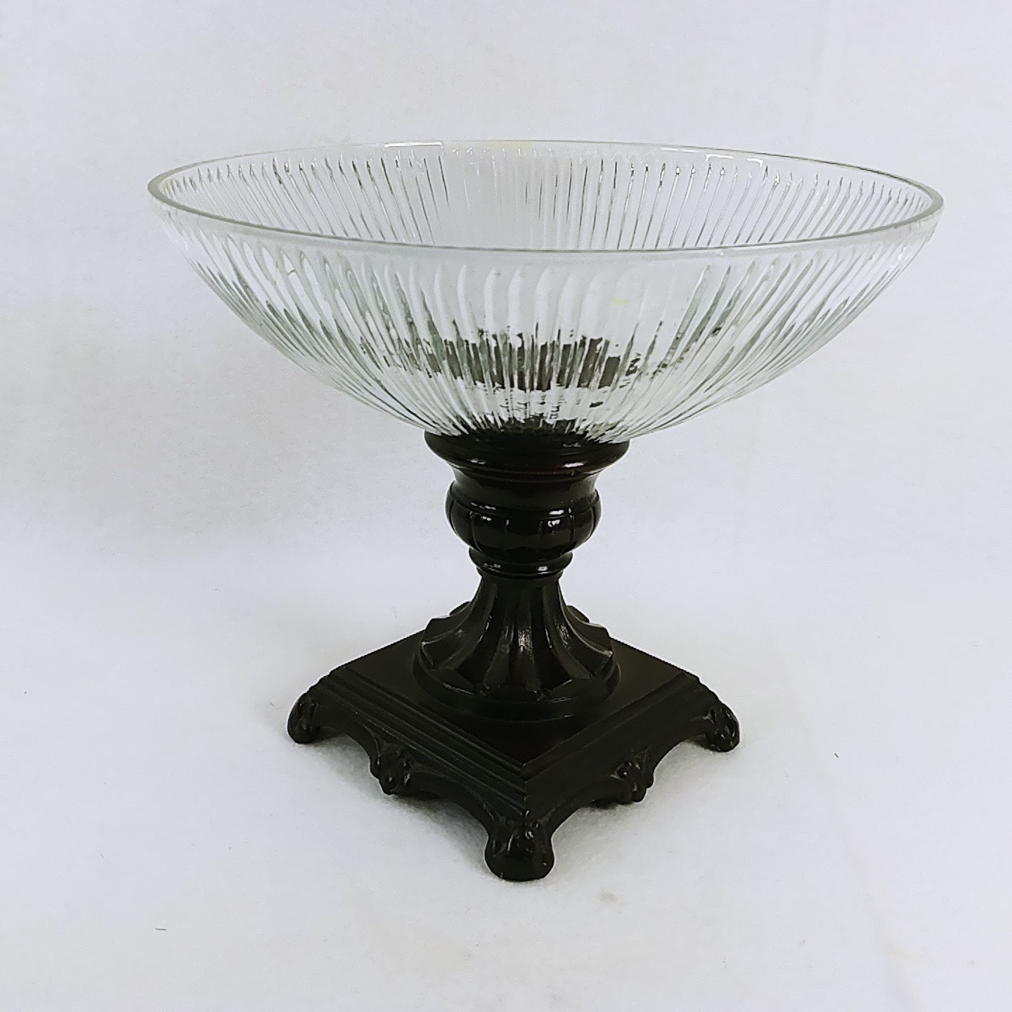 Compote Pedestal Bowl on Ornate Metal Base Table Centerpiece Vintage Decor