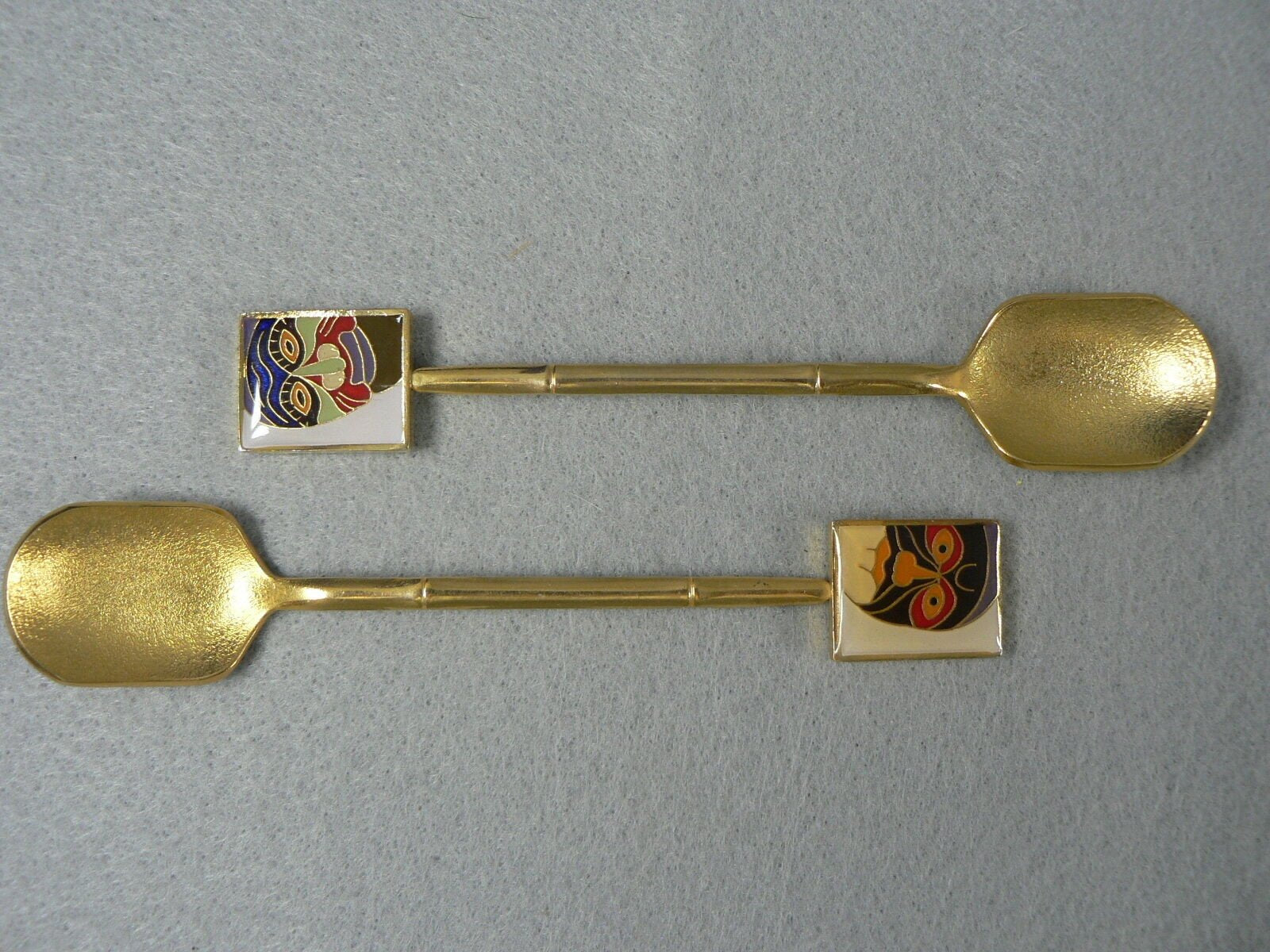 Collector Spoons Sugar Enameled African Mask Ends Gold Tone