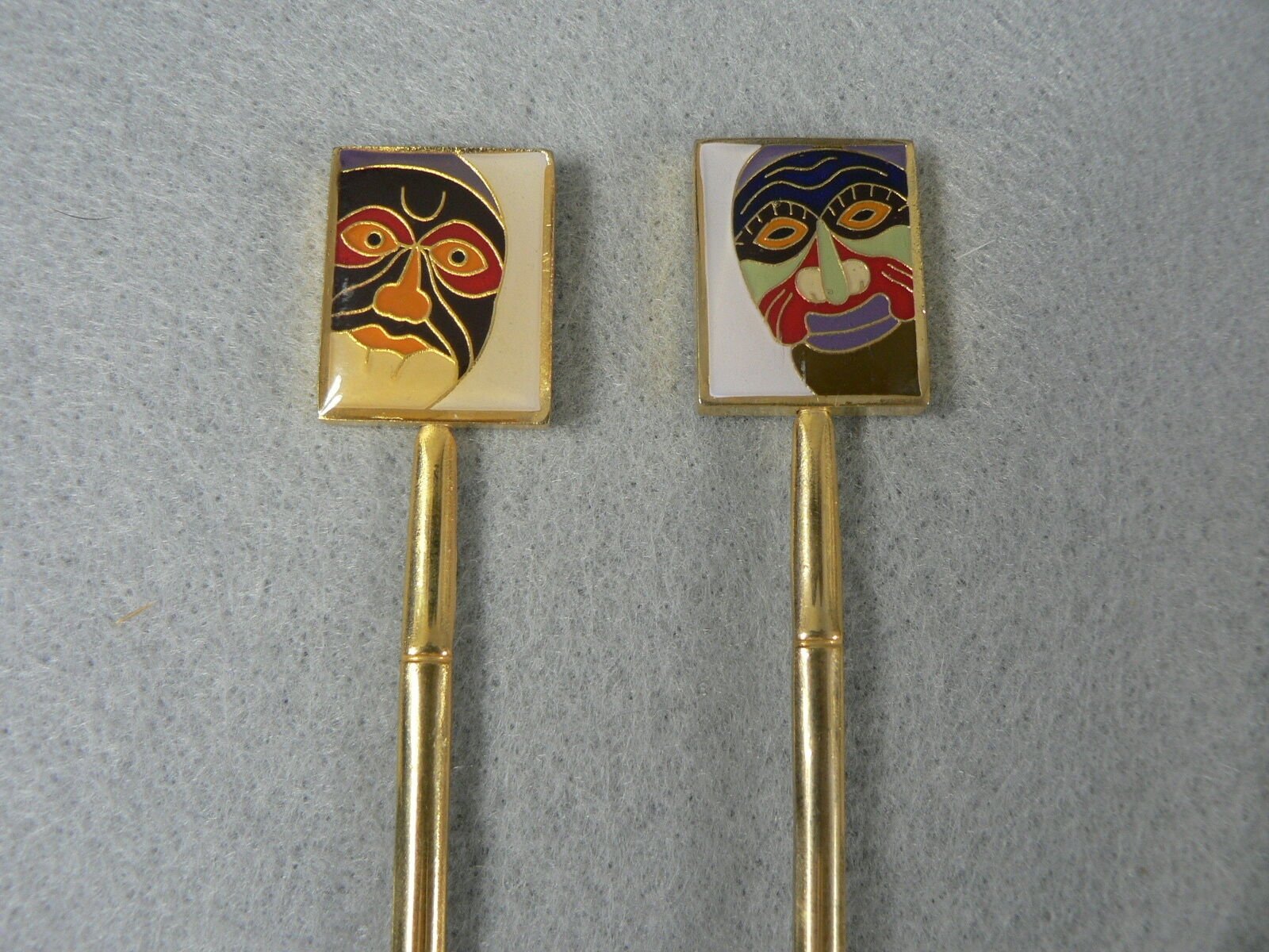 Collector Spoons Sugar Enameled African Mask Ends Gold Tone