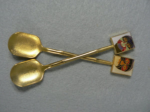 Collector Spoons Sugar Enameled African Mask Ends Gold Tone