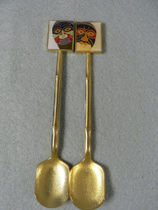 Collector Spoons Sugar Enameled African Mask Ends Gold Tone