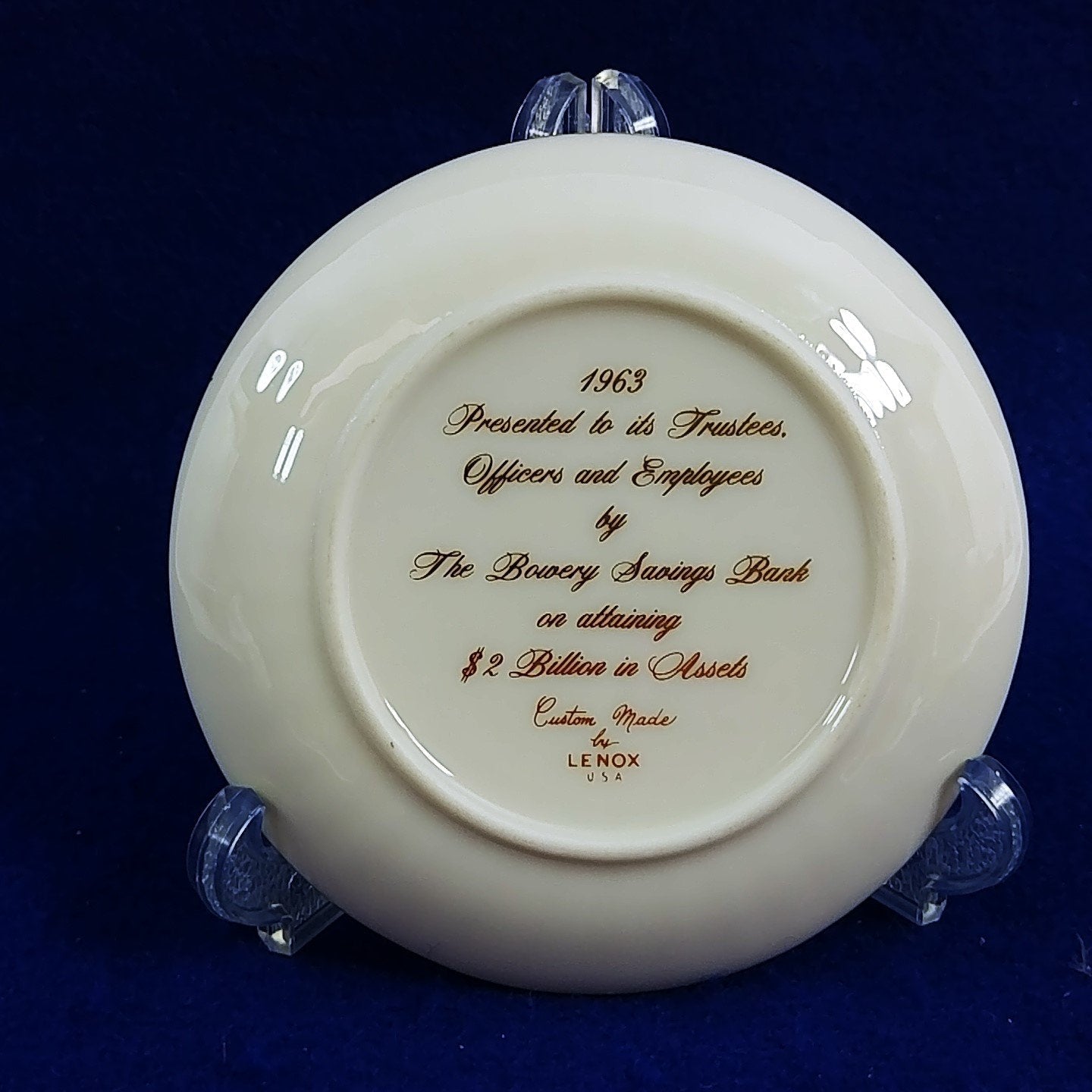 Commemorative Plate Bowery Savings Bank 1963 Custom Made by Lenox 4.25"