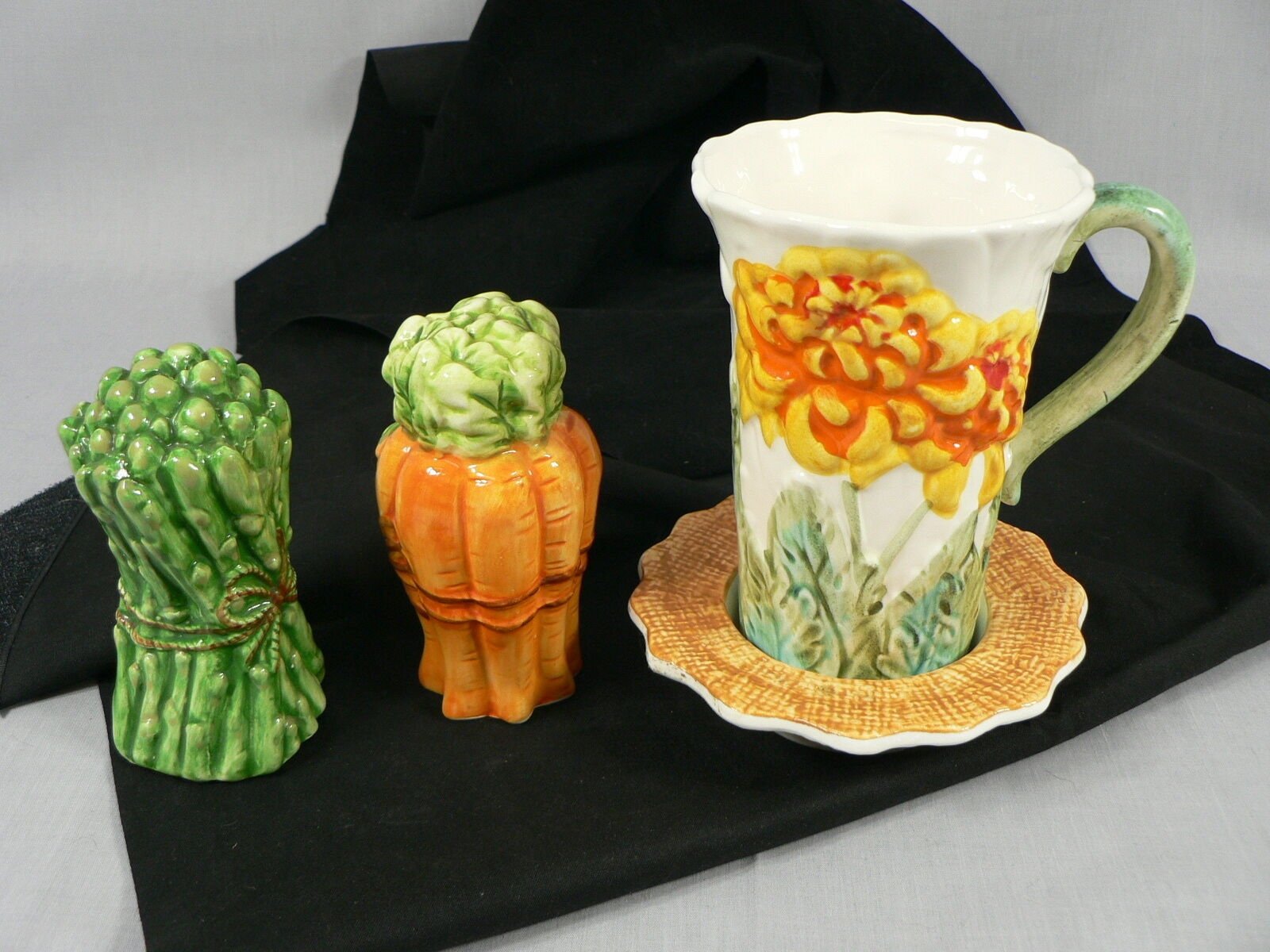 Coffee Cup with Coaster and Salt Pepper Shaker Carrot Asparagus Design Ceramic