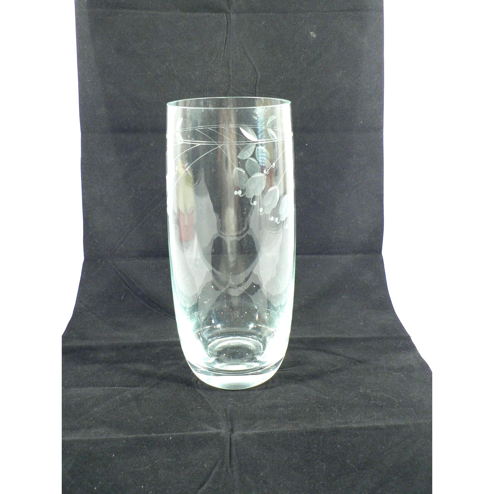 Vase Cylinder Clear Crystal Hand Etched Floral Design Vintage 10.75"