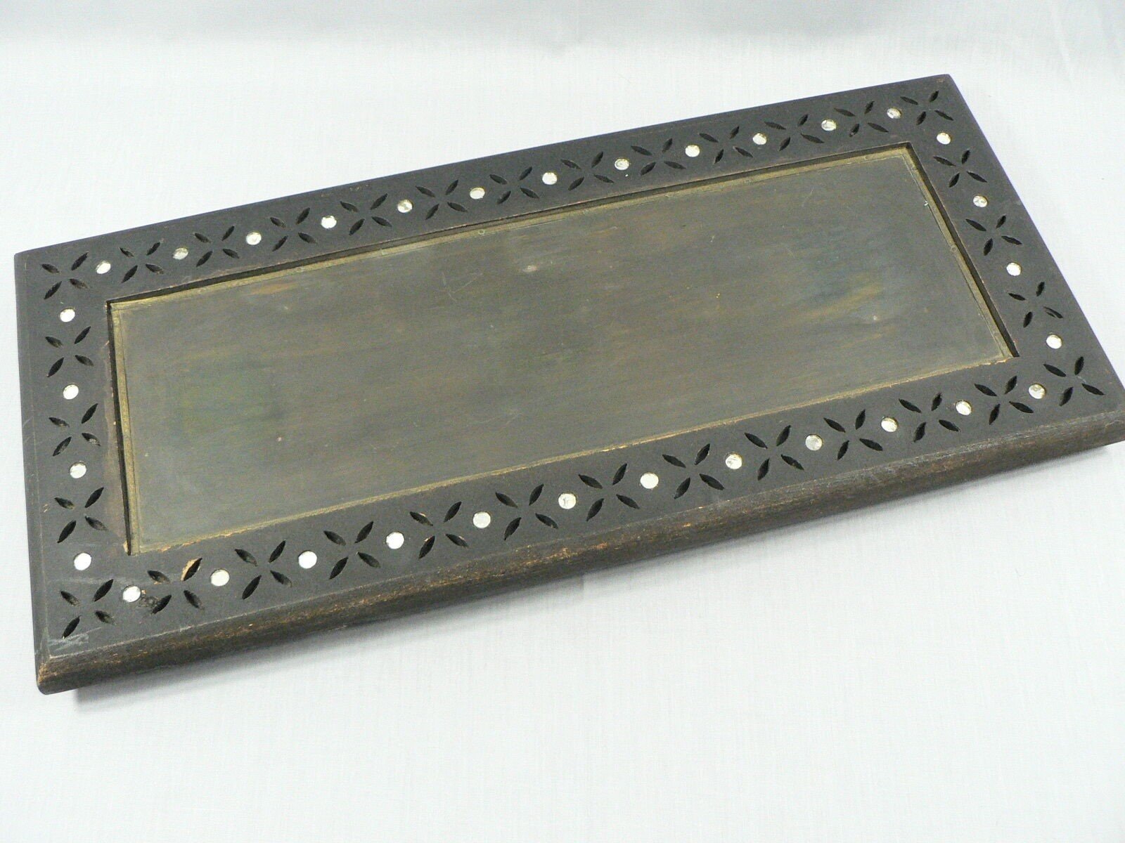 Vintage Handmade Serving Tray wooden & metal Insert Cut Out Detailing