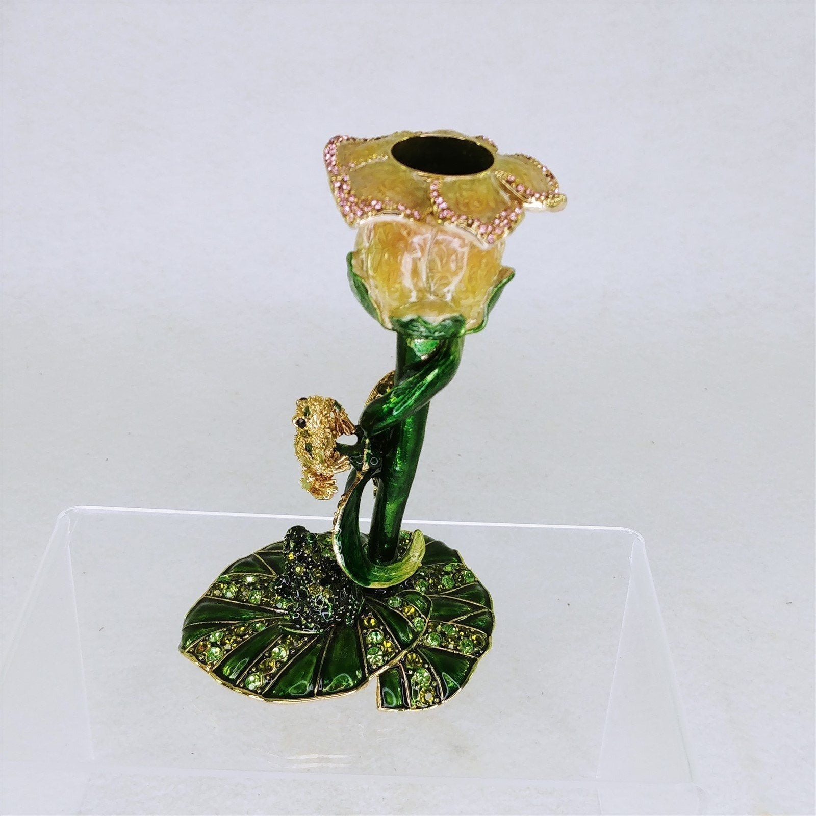 Olivia Riegel Candle Holder Swarovski Crystal Bejeweled Lily Pad Frog Flower Vtg