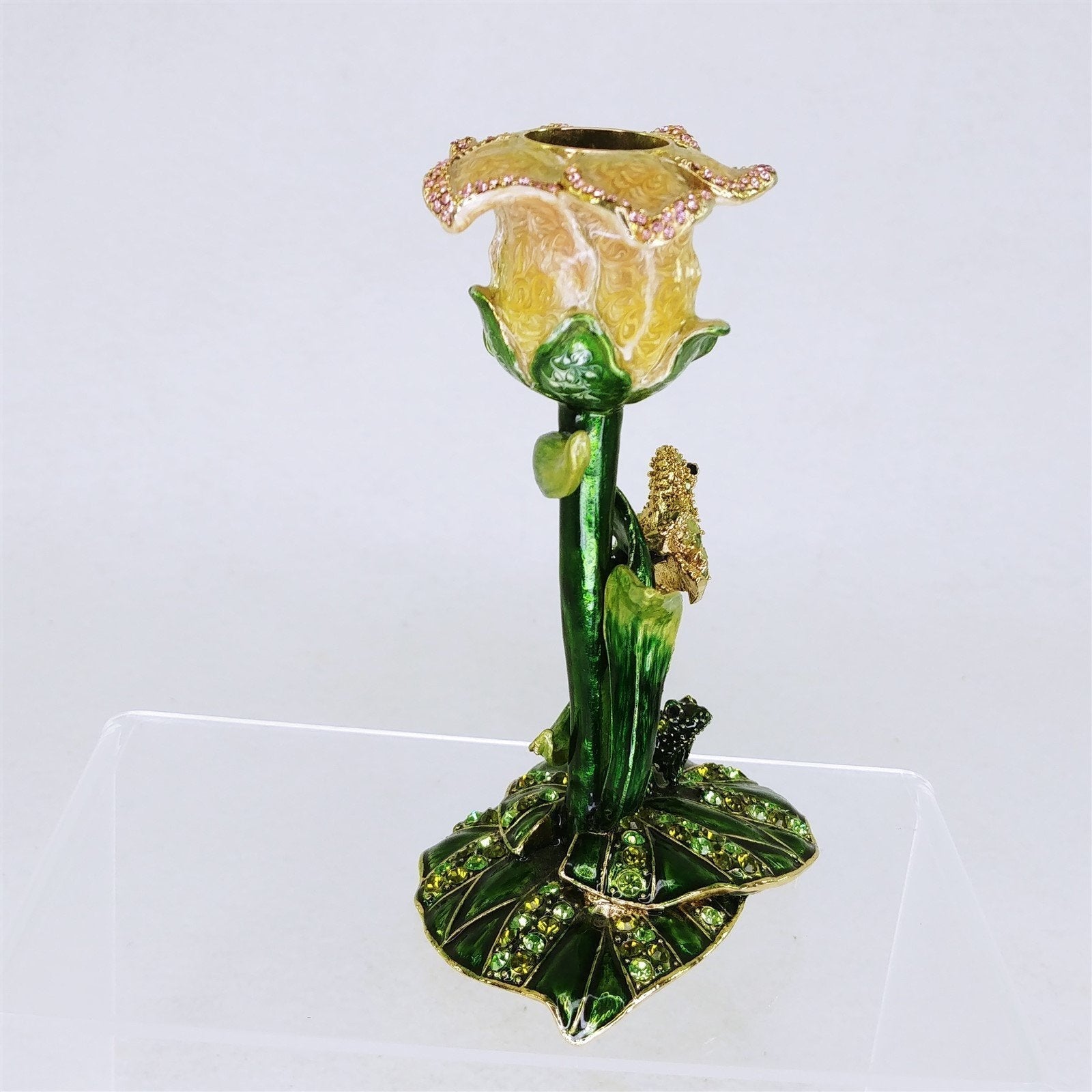 Olivia Riegel Candle Holder Swarovski Crystal Bejeweled Lily Pad Frog Flower Vtg