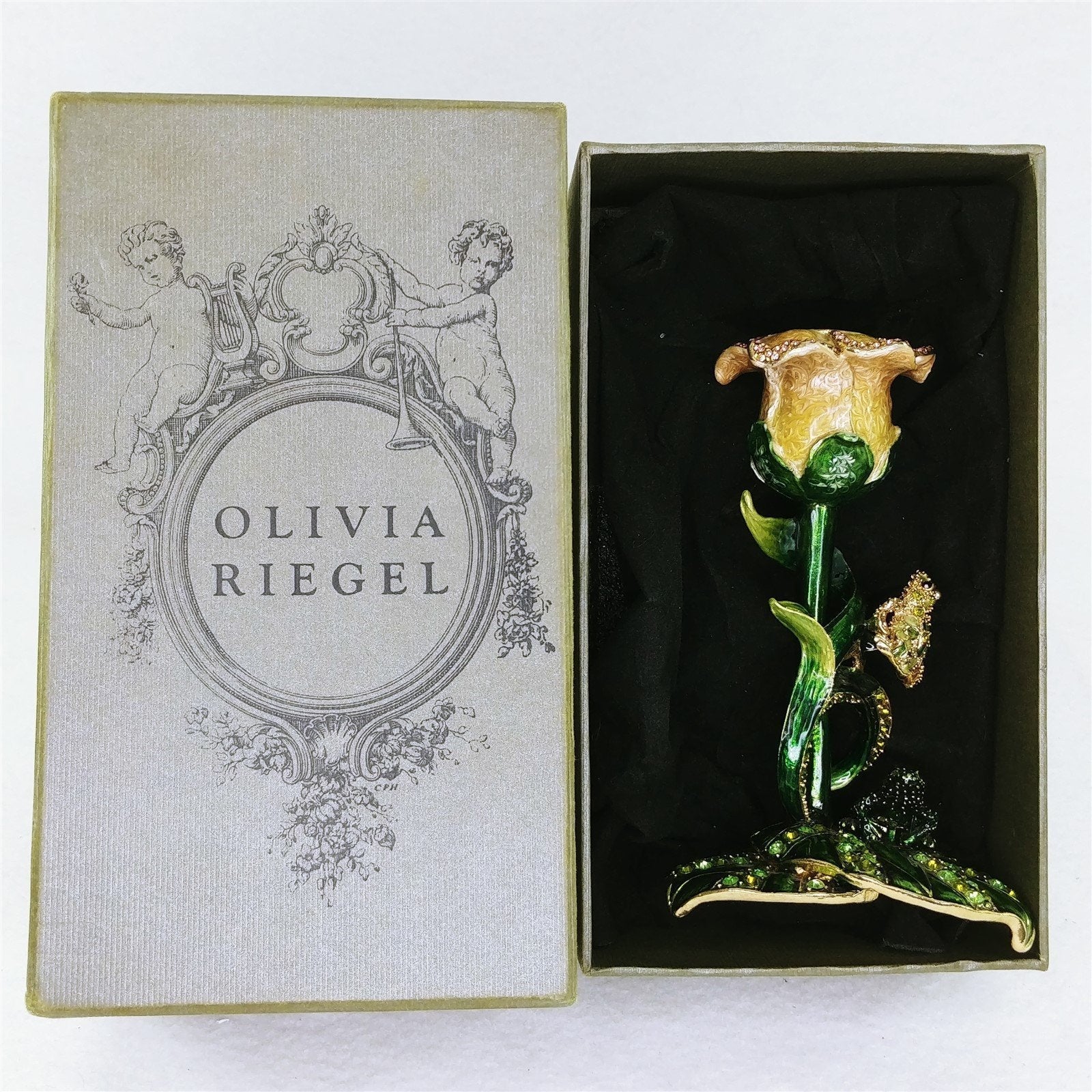 Olivia Riegel Candle Holder Swarovski Crystal Bejeweled Lily Pad Frog Flower Vtg