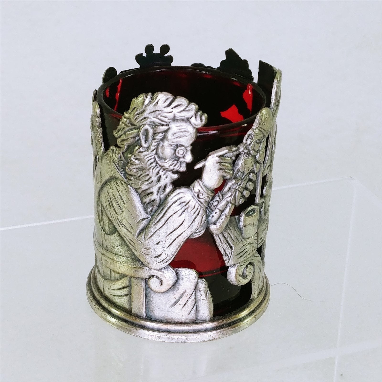 Votive Tea Light Candle Holder With Ruby Glass Insert Santa Claus In Workshop
