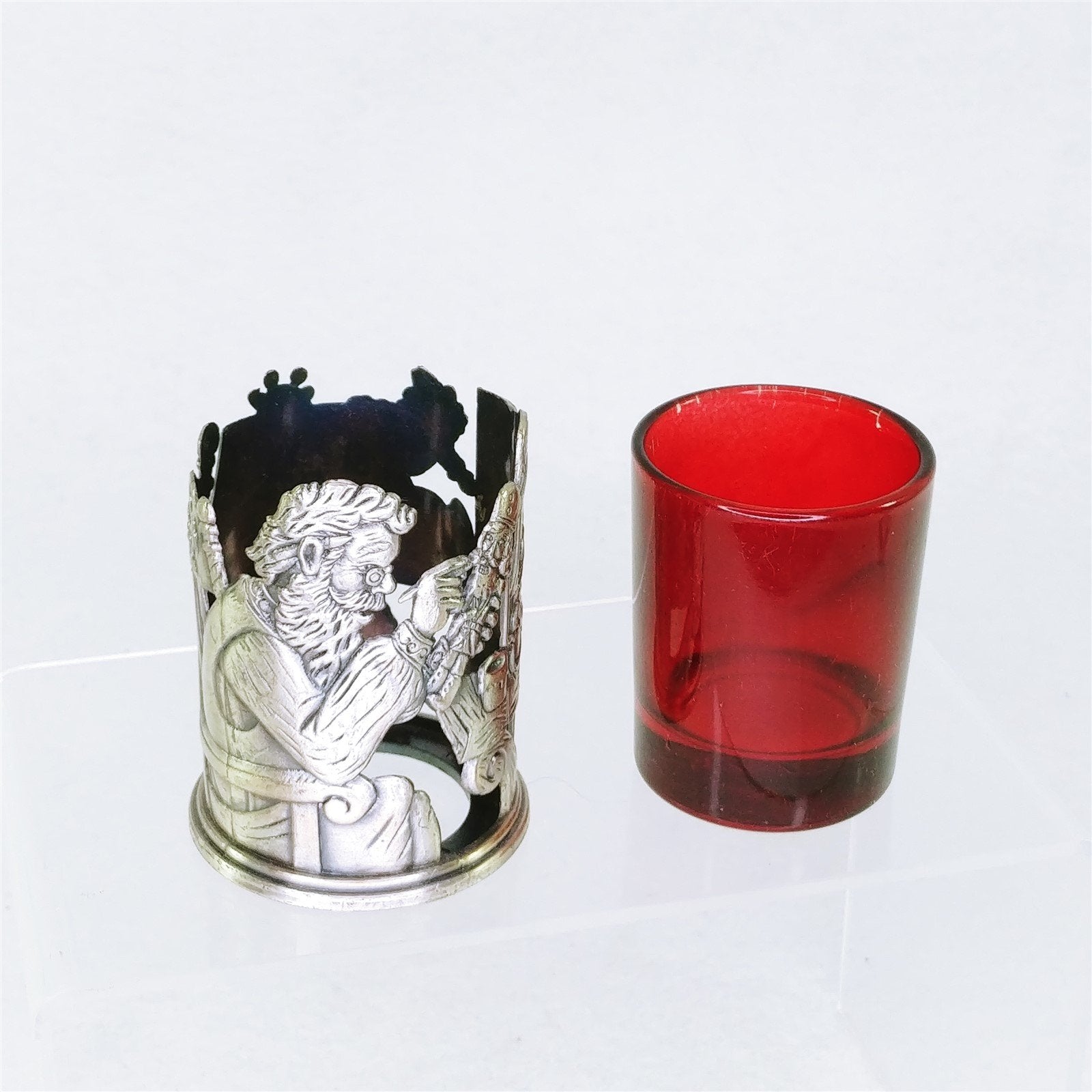 Votive Tea Light Candle Holder With Ruby Glass Insert Santa Claus In Workshop