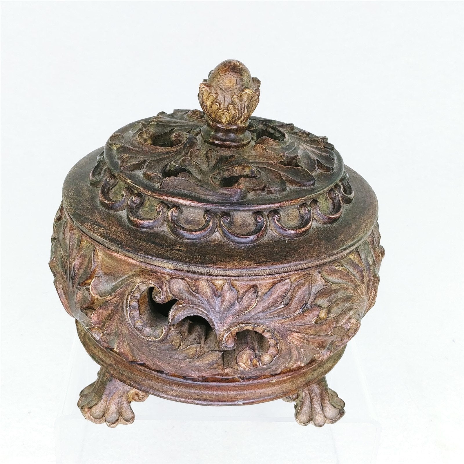 Round Box Footed Finial Lid Open Leaf Work Design Home Accent Table Top Decor