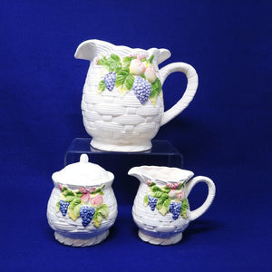 Pitcher Sugar Creamer Set Basket Weave Fruit Pattern Interpur Int'l Ceramic