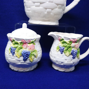 Pitcher Sugar Creamer Set Basket Weave Fruit Pattern Interpur Int'l Ceramic