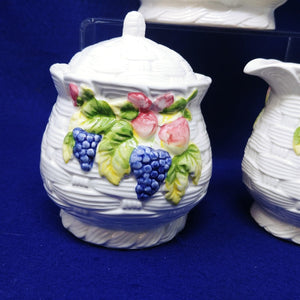 Pitcher Sugar Creamer Set Basket Weave Fruit Pattern Interpur Int'l Ceramic