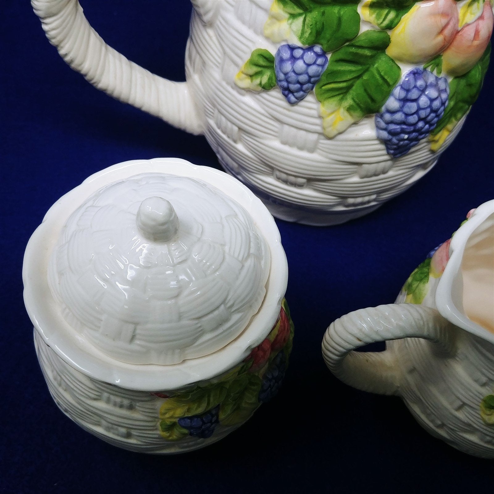 Pitcher Sugar Creamer Set Basket Weave Fruit Pattern Interpur Int'l Ceramic