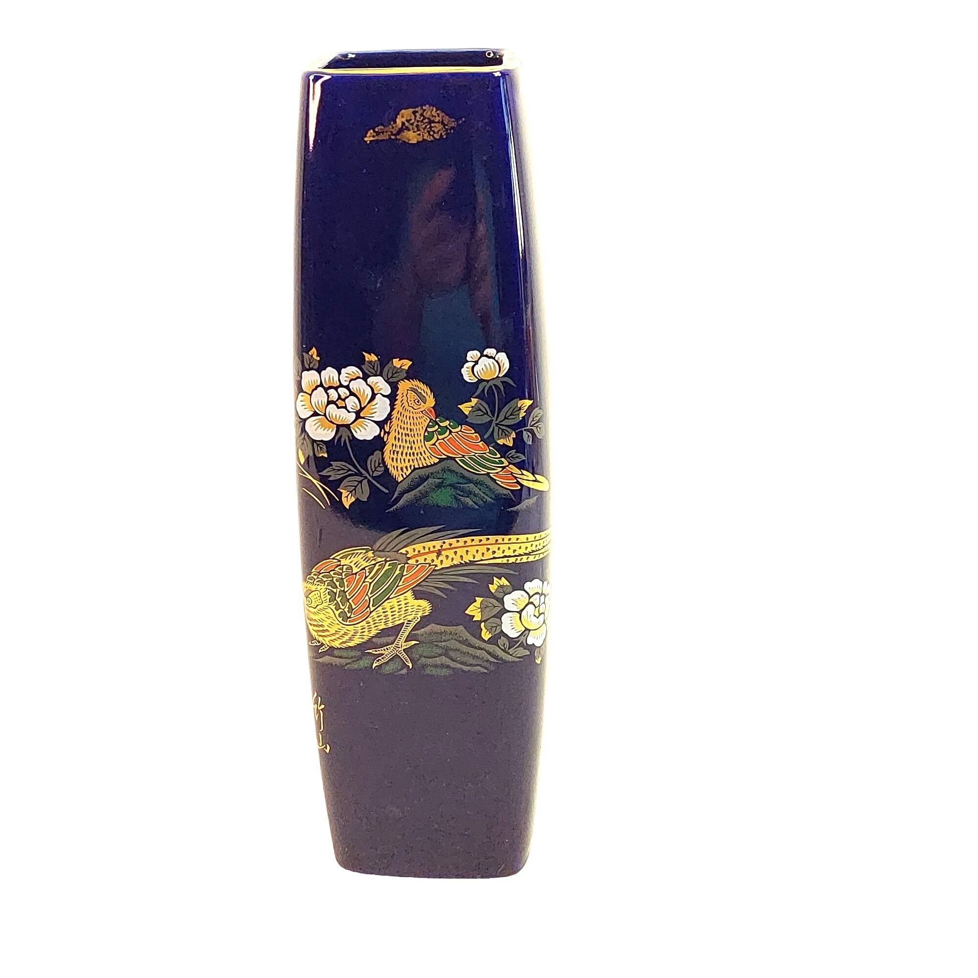 Vase 4 Sided Birds Floral Blue Cobalt Ceramic Asian Home Decor 9.75"