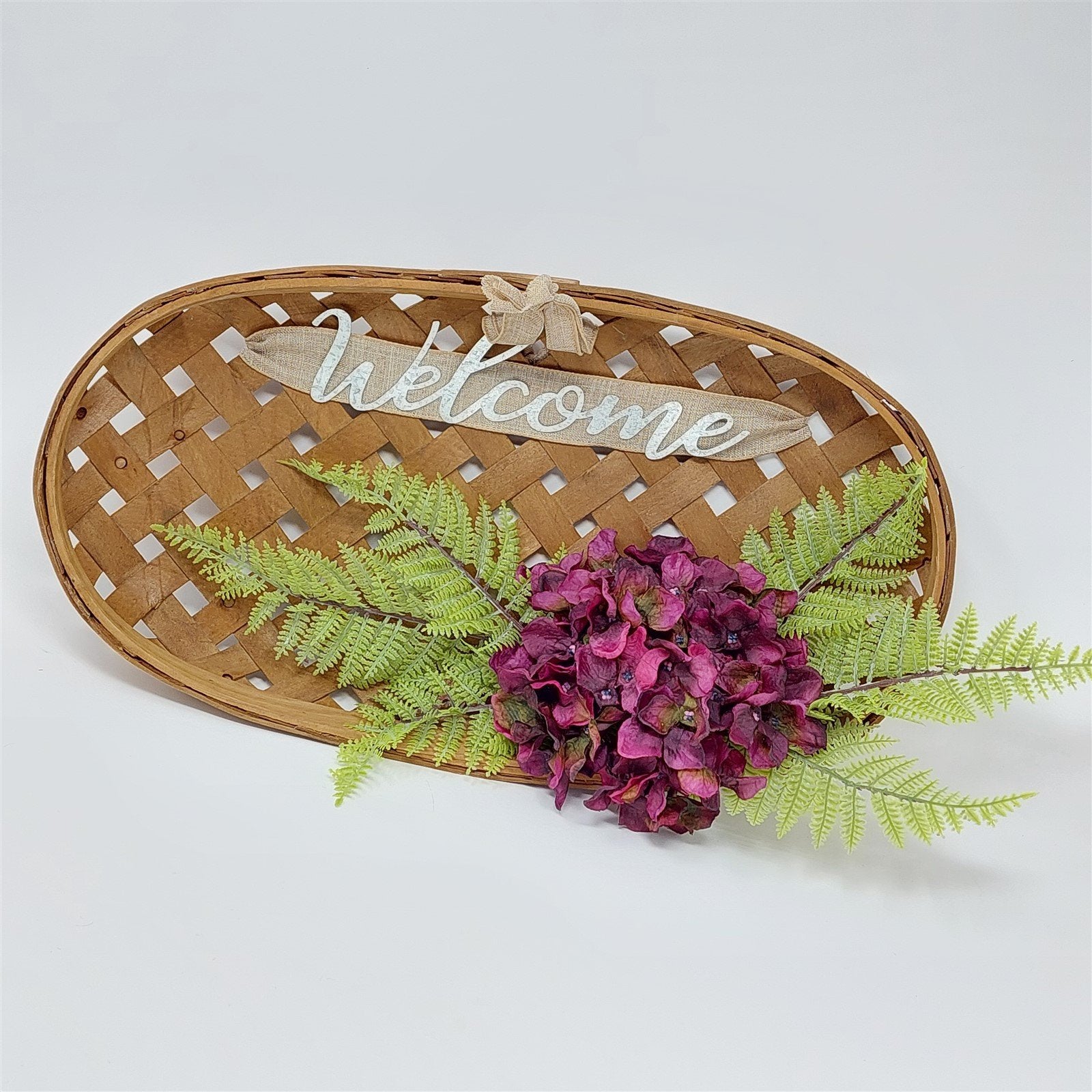 Farm Basket Wall Decor Welcome Sign Hydrangea Greenery Ready To Hang 18" Long