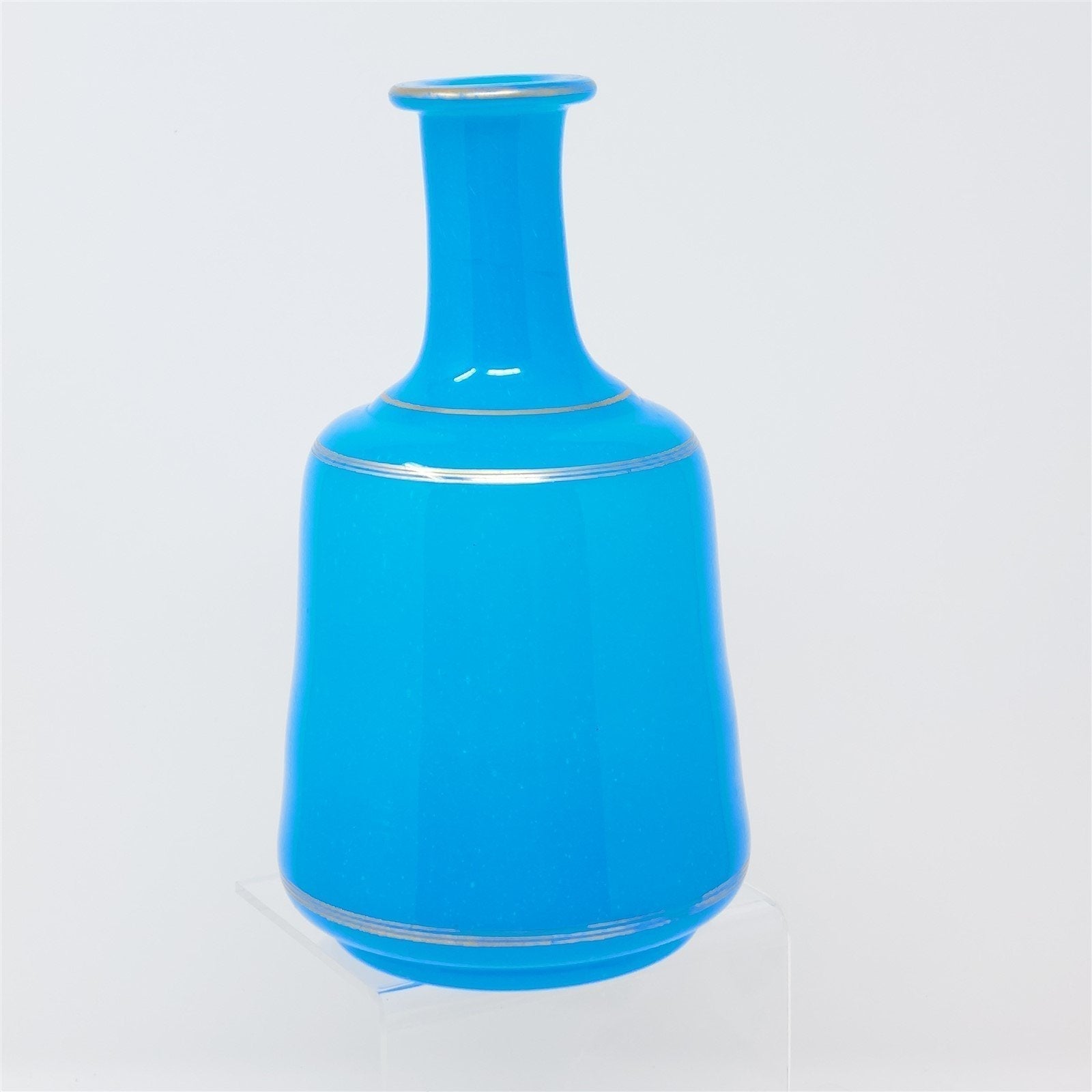 Glass Bottle Vase Hand Blown Pontil Mark Blue With Gold Trim Vintage Decor 7"