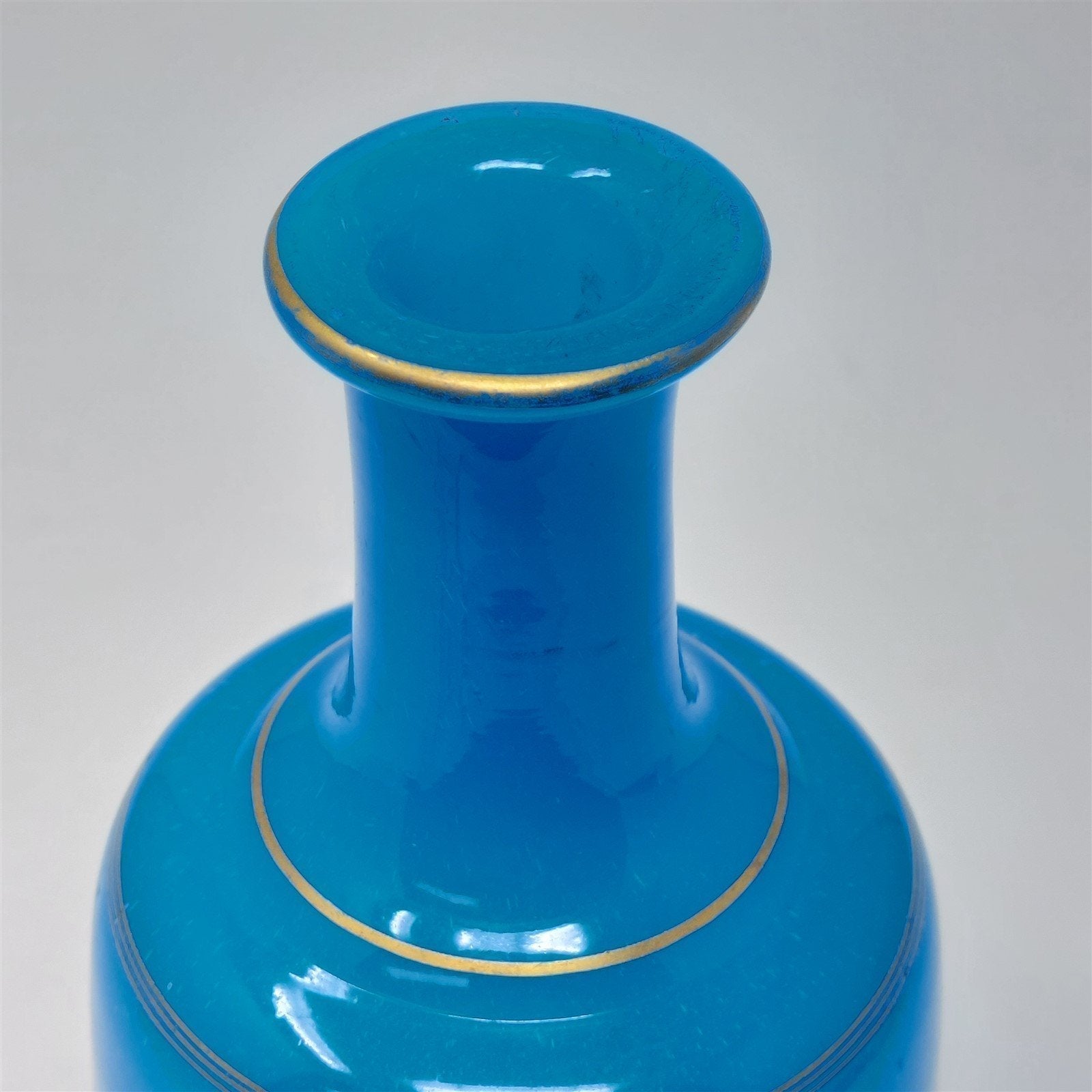 Glass Bottle Vase Hand Blown Pontil Mark Blue With Gold Trim Vintage Decor 7"