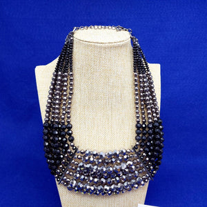 Necklace Bib Collar 7 Strand Multi-facet Beads Silver Black Fashion Jewelry 16"