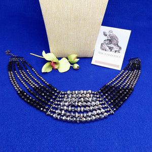 Necklace Bib Collar 7 Strand Multi-facet Beads Silver Black Fashion Jewelry 16"