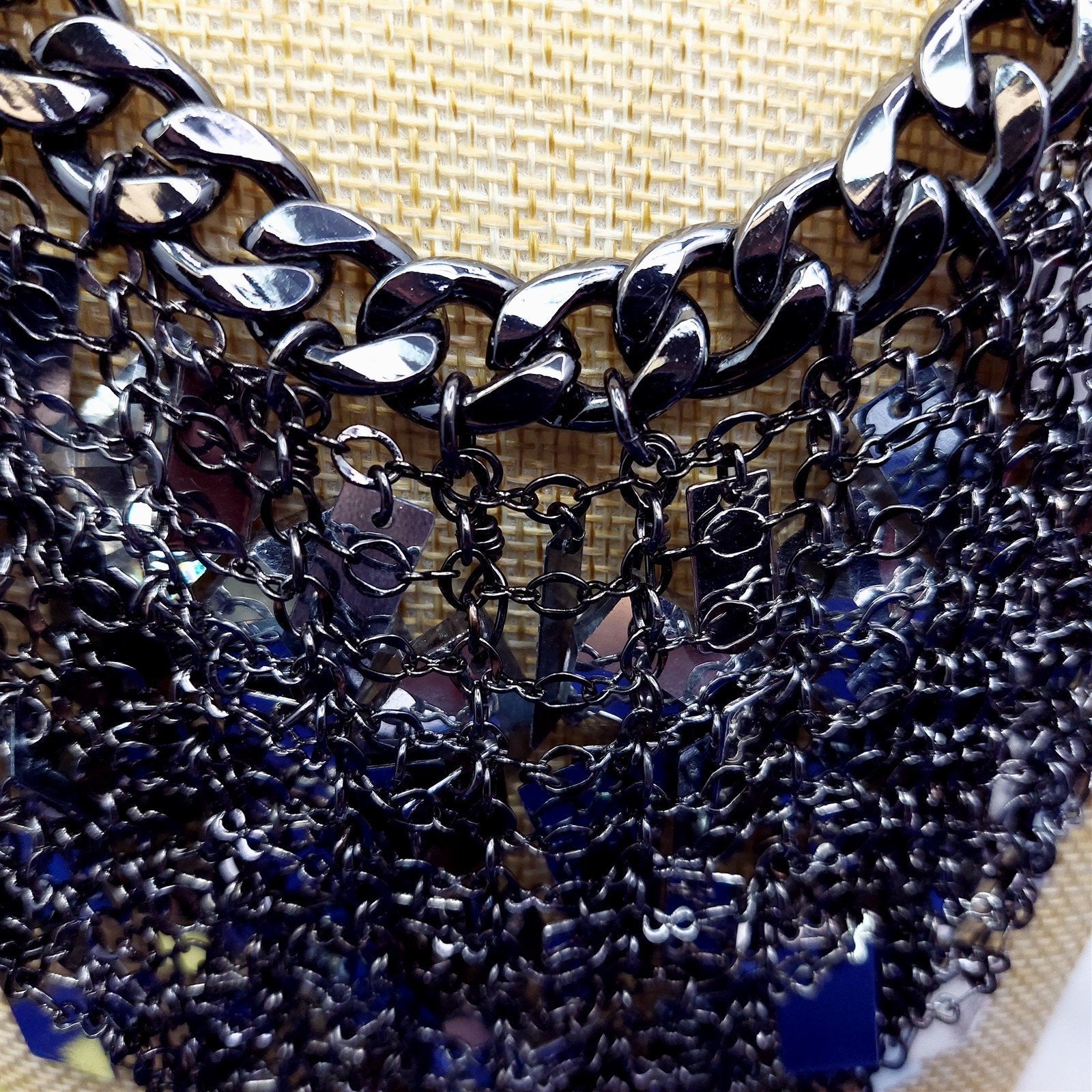 Chico's Bib Necklace Gunmetal Gray Mirrored Tiles Fashion Statement Jewelry 16"