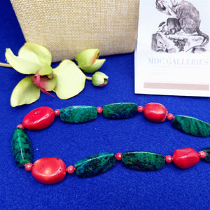 Necklace Red Green Faux Stones Red Beads Fashion Jewelry 20"