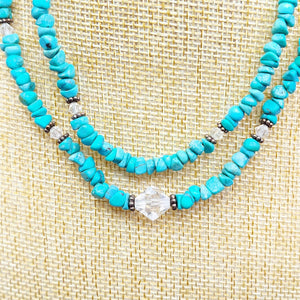 Necklace Choker Turquoise Stone Clear Bead Feather Charm Slide Clasp Vintage 14"