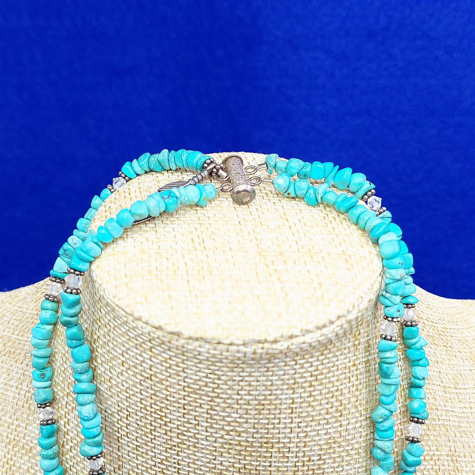 Necklace Choker Turquoise Stone Clear Bead Feather Charm Slide Clasp Vintage 14"