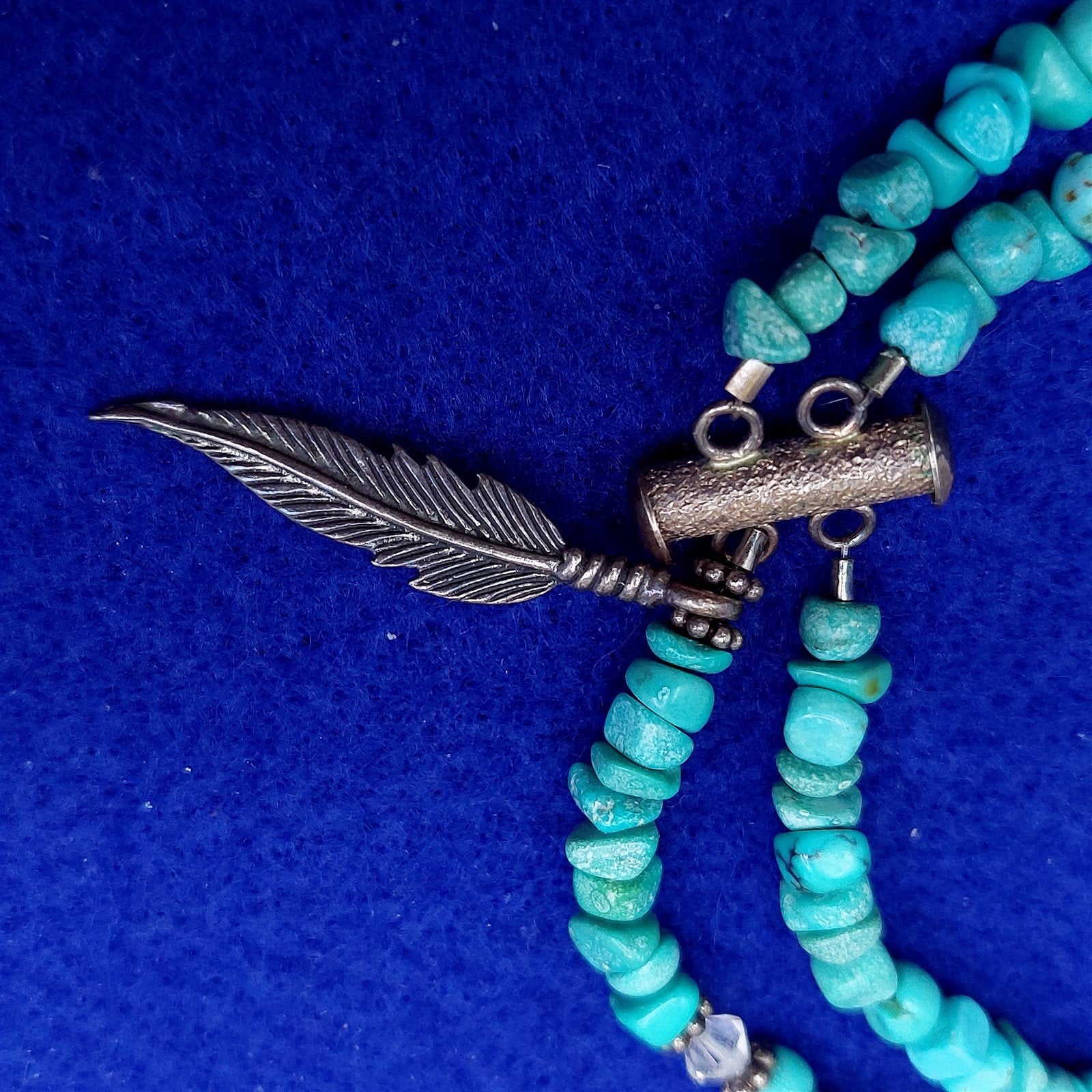 Necklace Choker Turquoise Stone Clear Bead Feather Charm Slide Clasp Vintage 14"